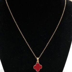 Red and Gold Tone Clover Pendant and Necklace